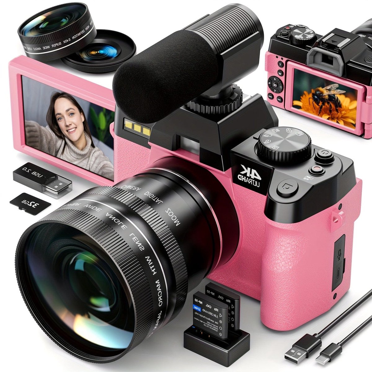 Vlogcamera – Digitale Camera – Compactcamera – Fotocamera – Video Camera – 48MP Sensor – 4K Video & 16x Zoom – Wifi & App Bediening – Anti-Shake – Inclusief 32GB Kaart – Dubbele Batterijen – Roze