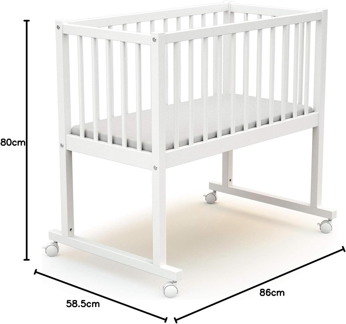 Witte Wieg met Matras - Babywieg met Wielen - Houten Wieg Fierm 40x80 cm thumbnail 2
