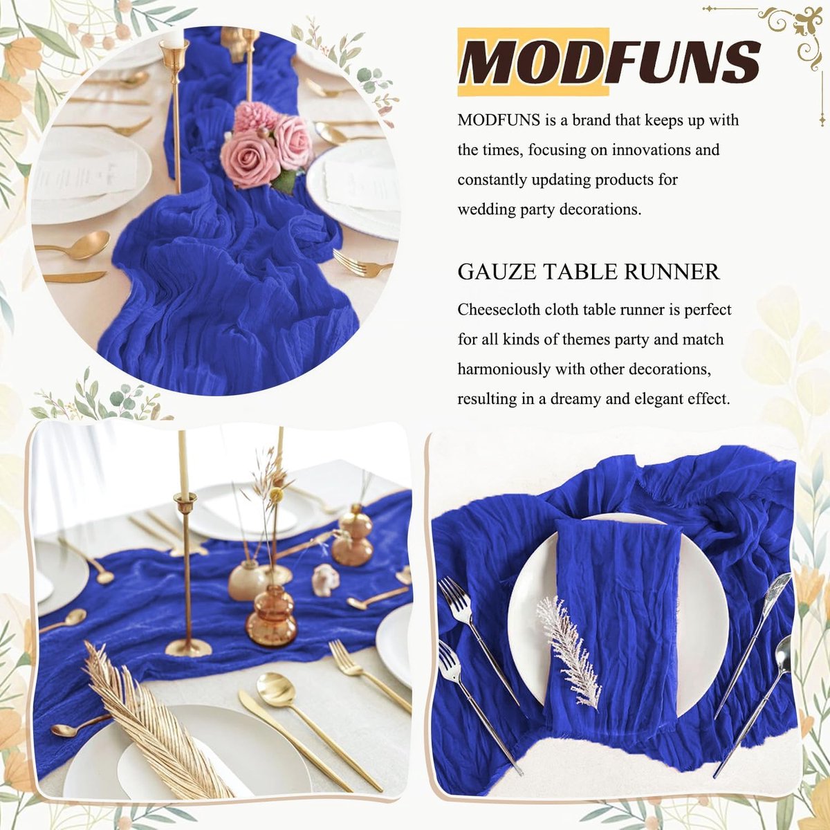 Set van 5 Koninklijk Blauwe Tafellopers - Mesh en Katoen voor Feestdecoratie