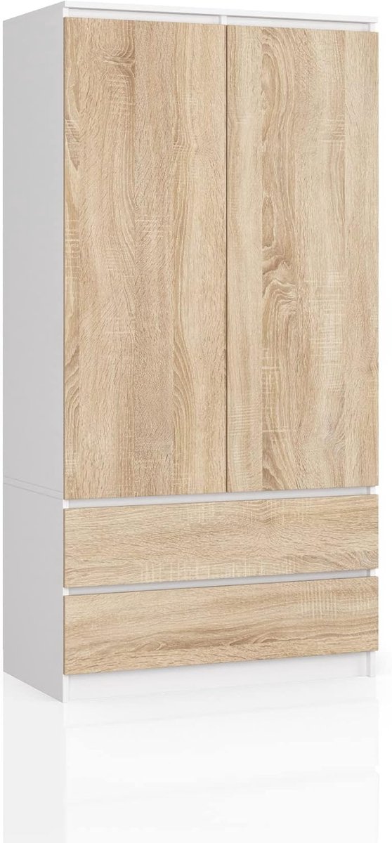 Kledingkast 2-deurs Casa Velluto Eleganza – 4 Verstelbare Planken, 2 Laden en Kledinghangers – Moderne Slaapkamerkast Sonoma Wit/Eik 180x90x51 cm – Opbergkast voor Slaapkamer, Woonkamer en Hal