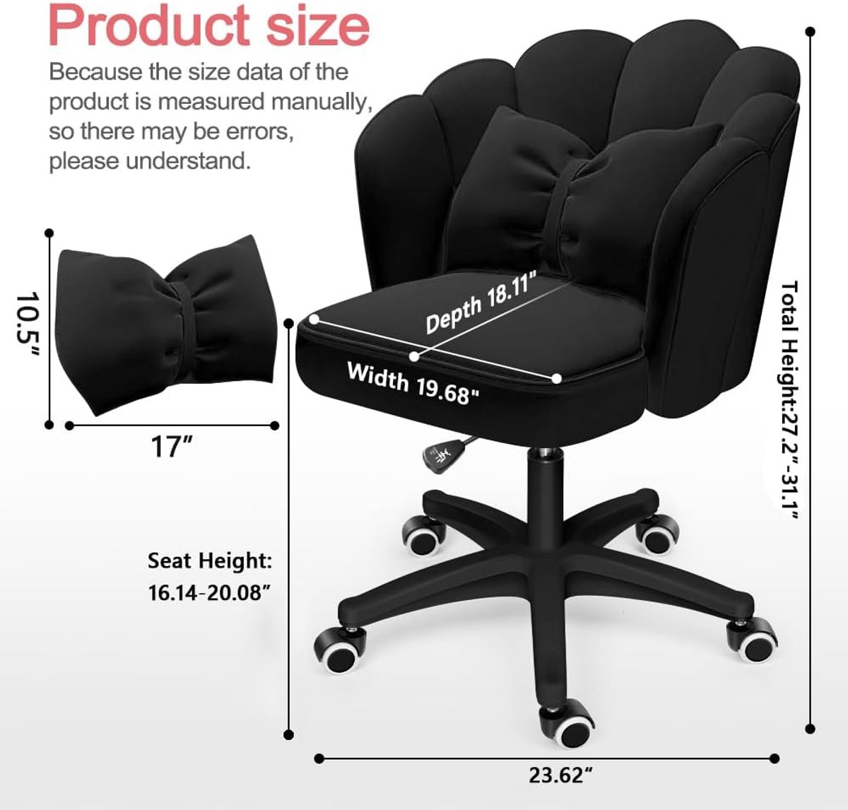 Bureaustoel Fluweel met Strikkussen – Casa Velluto PetalLuxe Vanity Bureaustoel – Draaibare Make-up Stoel met Rugleuning, Verstelbare Hoogte en Wielen – Elegante Kaptafelstoel / Computerstoel voor Slaapkamer, Bureau of Dressing – Zwart