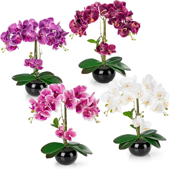 Set van 4 Kunstorchideeën 40 cm in Witte Hoogglans Keramische Potten - Realistisch Kunstbloemen