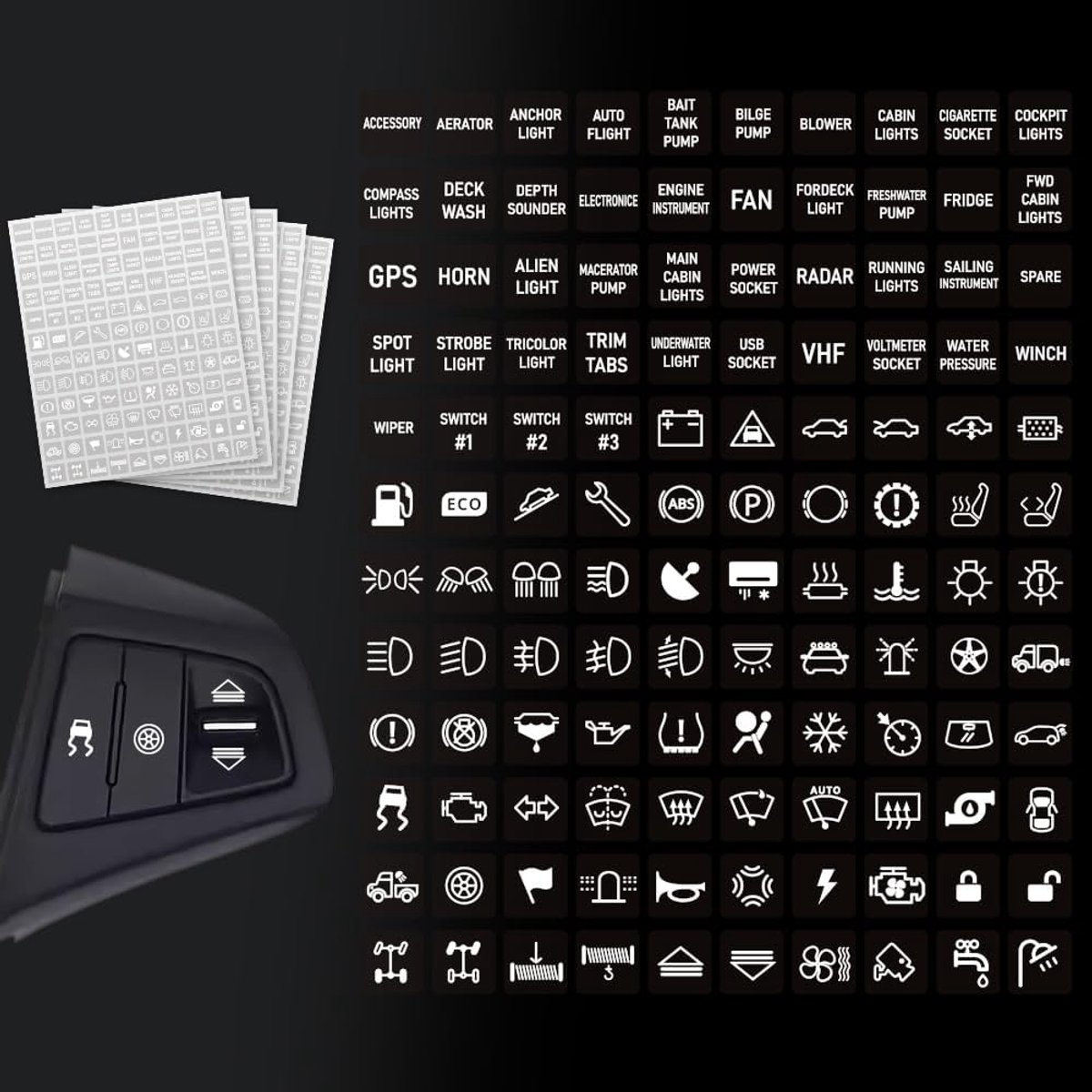 600x Auto Schakelaar Stickers Wit 15x15mm voor Dashboard, Boot en Vrachtwagen