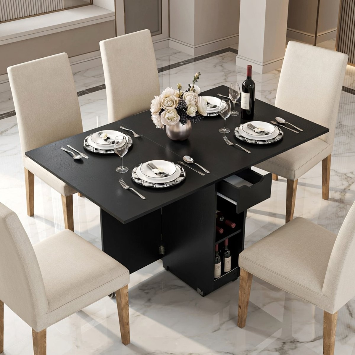 Opklapbare eettafel met wielen, lade en 2 bladen 120x72x75 cm Zwart - ruimtebesparende opklapbare tafel voor 2-4 personen Casa Serena – Casa Dorada