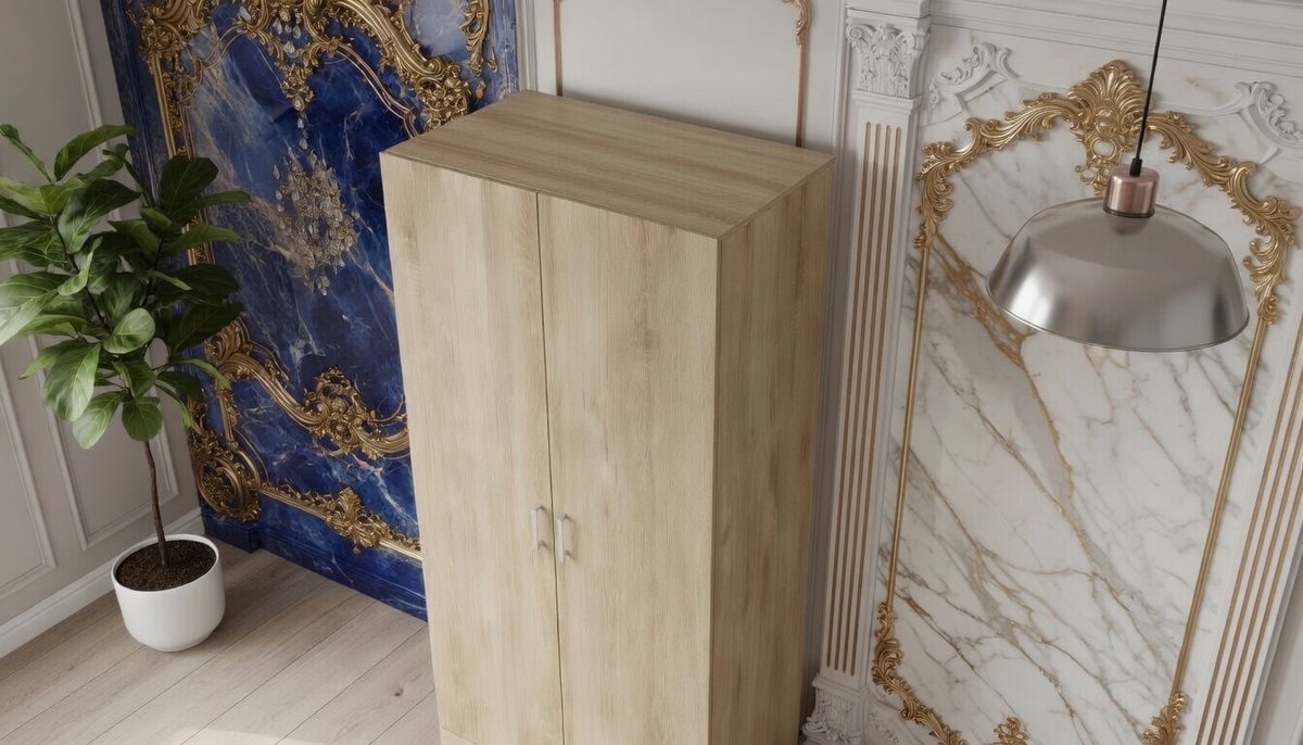 Kledingkast Casa Velluto Esidra Deluxe 79x36x170 cm – Eikenhoutkleur met Lade, 3 Planken – Krasbestendige Opbergkast voor Slaapkamer, Huiskamer en Moderne Interieurs