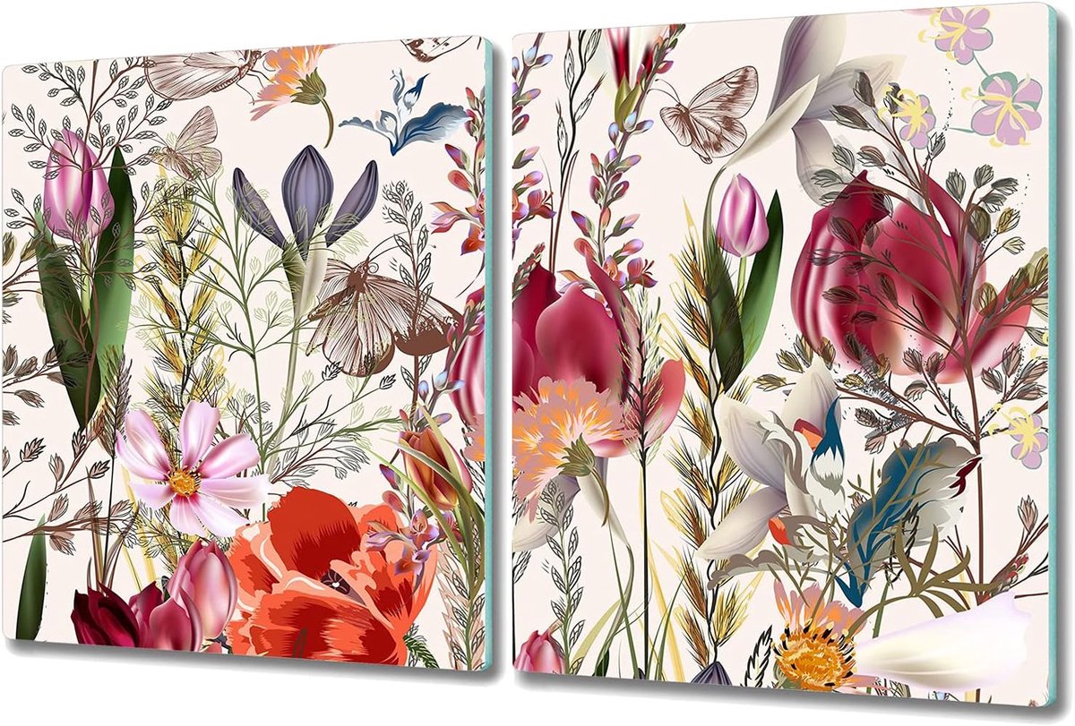 Glazen Snijplank/Spatwand 80x52 cm - Hittebestendig voor Kookplaat - Antislip - Bloemenprint
