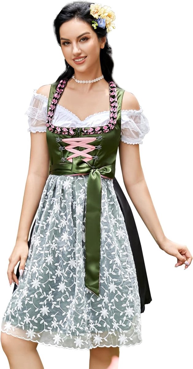 Traditionele Dirndl Jurk Midi voor Dames met Kanten Schort - 2 Delig Oktoberfest Kleding