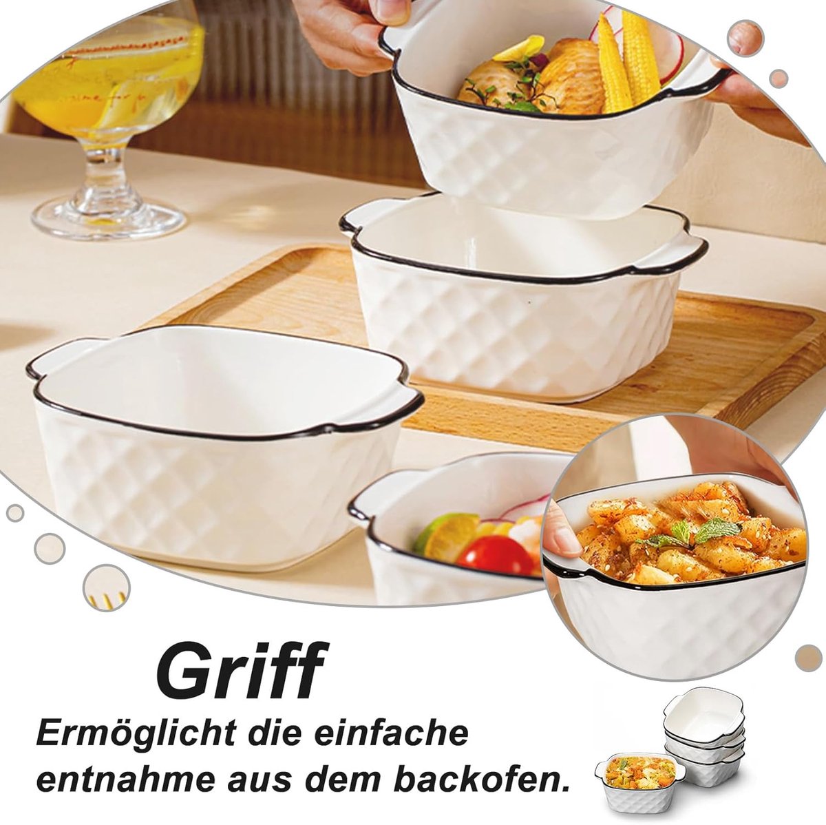 Keramische Ovenschaal - Mini Bakvorm - Porties Bereiden - Set van Vier - 12 x 12 x 5.5 cm - Wit — cadeau in Kookcadeaus - foto 5