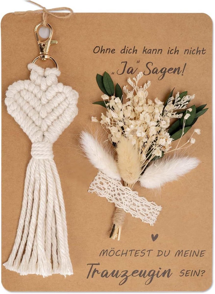 Cadeauset Trouwgetuige Vragen Bruidsmeisje Uitnodiging met Gedroogde Bloemen en Macramé Sleutelhanger