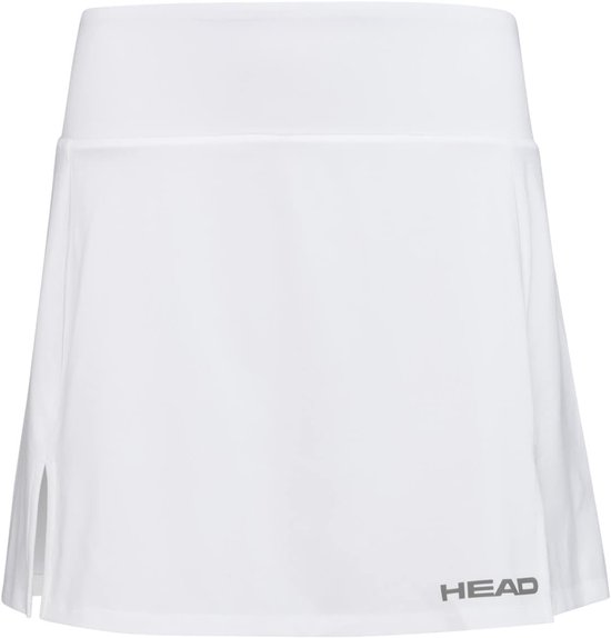 Jupe de tennis HEAD blanche avec ceinture élastique et fente latérale. Logo HEAD en bas à droite.