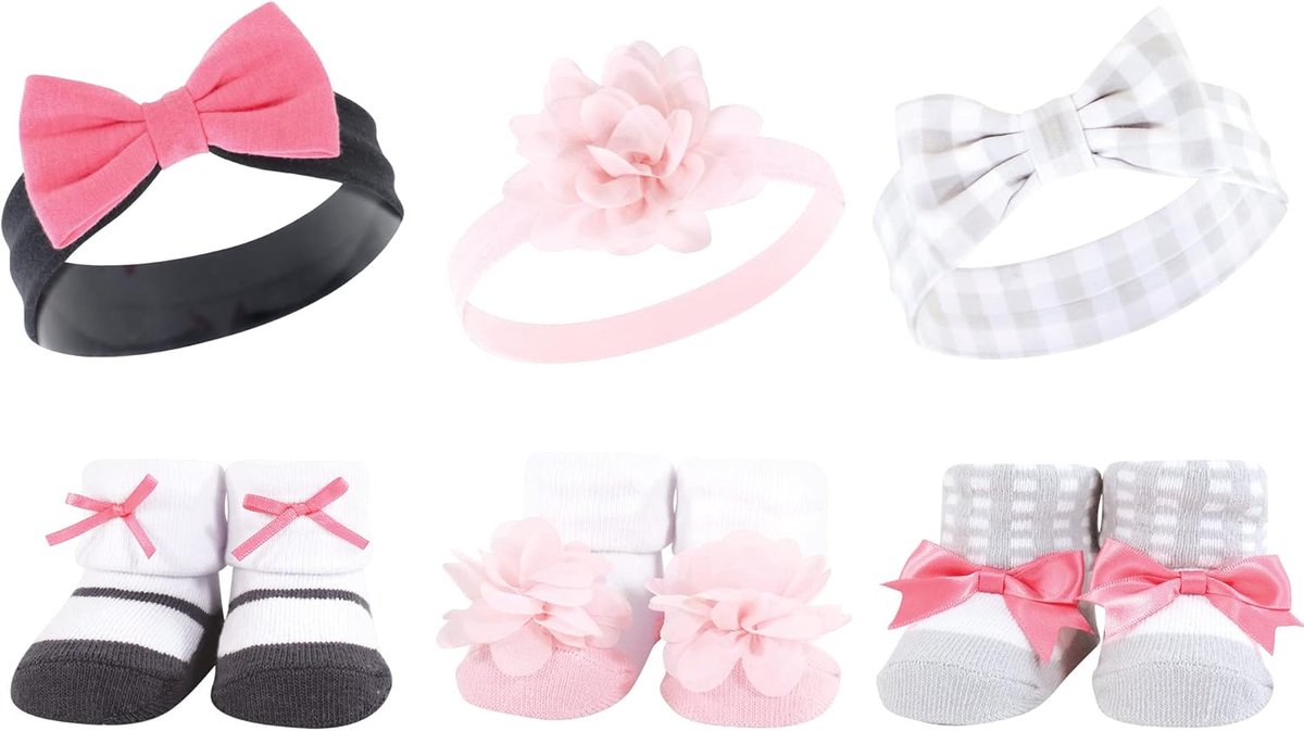 Babyset | Hoofdband en Sokjes voor Baby Meisjes | Cadeauset Roze Antraciet
