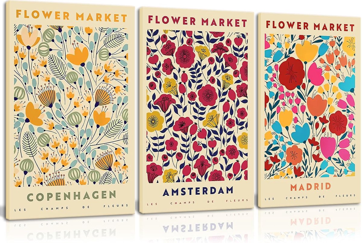 Set van 3 Kleurrijke Bloemenmarkt Canvas Kunstwerken voor Wanddecoratie