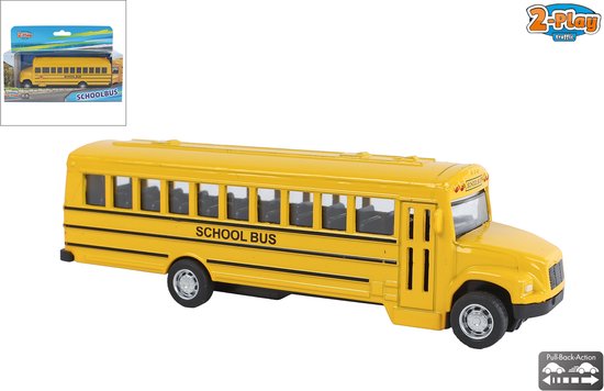Gele Amerikaanse schoolbus met 'SCHOOL BUS' tekst en zwarte accenten. De verpakking is zichtbaar in de hoek. Beschikt over 'Pull-Back-Action'.