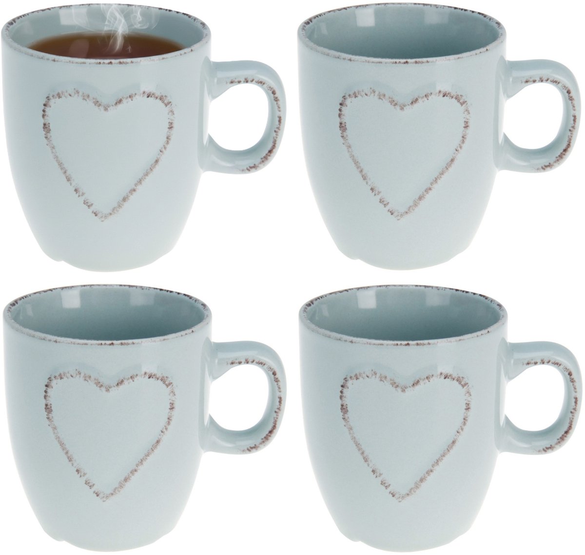 Siaki Koffiemokken set Heart - 4x - lichtblauw - 150 ml - mokken - met tekst - keramiek - giftset