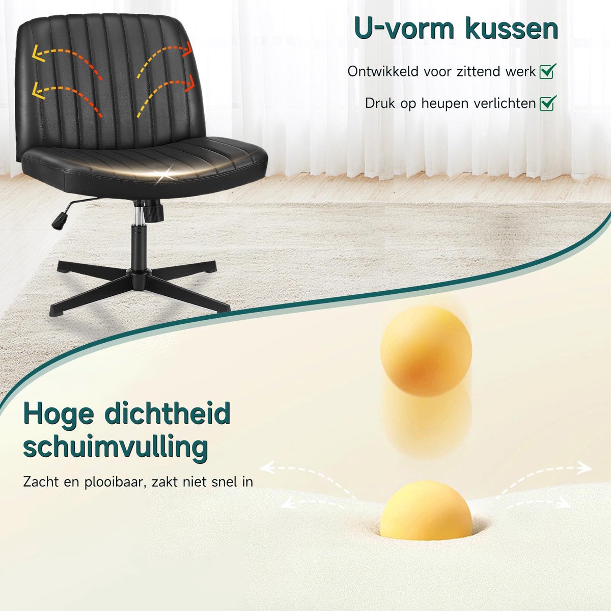 Hengjian Bureaustoel PU-Leren Draaistoel Hoogte Verstelbaar Zwart - afbeelding 2