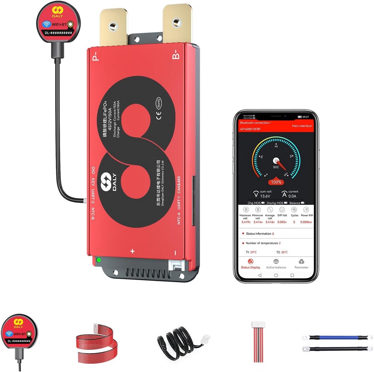 Slimme Batterij Management Systeem 4S 12V voor Lithium Accu's met WiFi en Communicatie