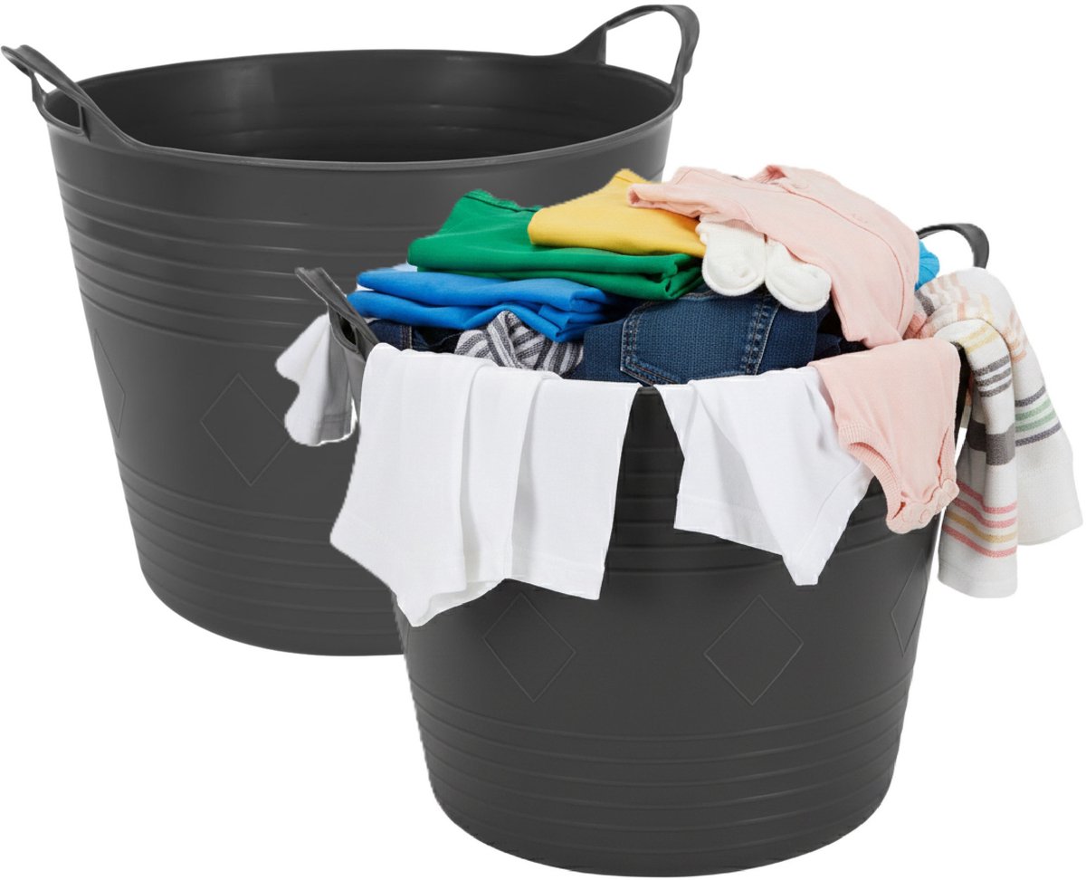 Excellent houseware flexibele wasmand - 2x - zwart - 27 liter - kunststof - 42 x 40 x 35 cm
