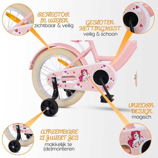 SJOEF Dolly Meisjesfiets 16 inch Roze - Unicorn Design - Kinderfiets met zijwieltjes 4, 5 & 6 jaar - 103-118 Kledingmaat - Roze Fiets 16 inch van SJOEF — afbeelding 5