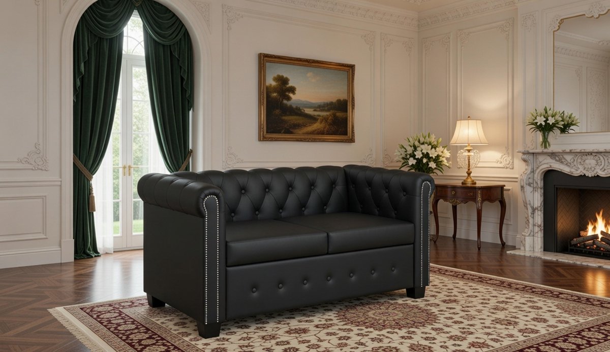 Chesterfield Luxe 2-zits bank zwart kunstleer – comfortabele zithoogte, stijlvolle knoppen en robuust houten frame – moderne lederen bank voor woonkamer, kantoor en lounge Casa Serena