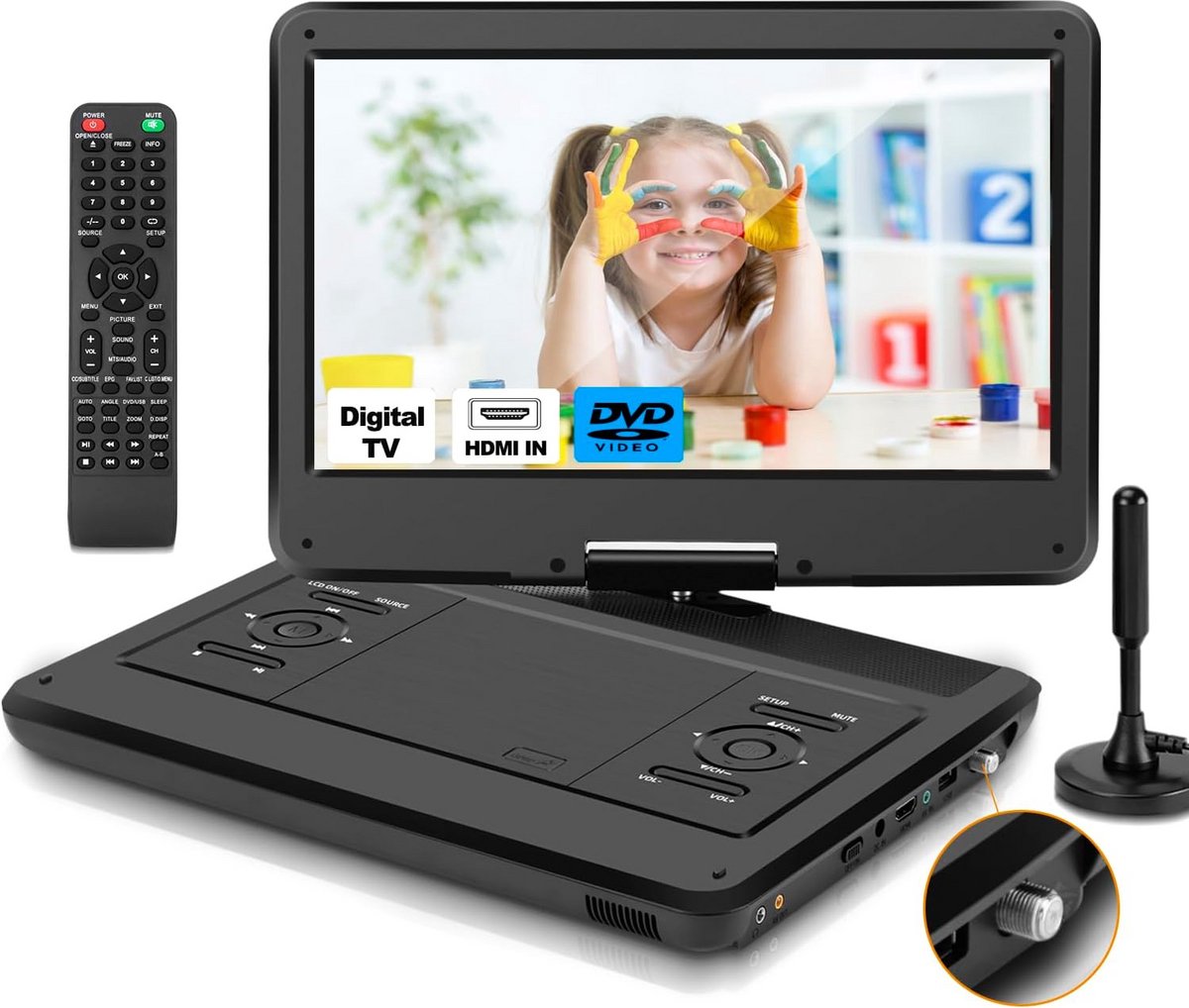 Draagbare DVD-speler met 14 inch HD Draaibaar Scherm en Digitale TV Tuner