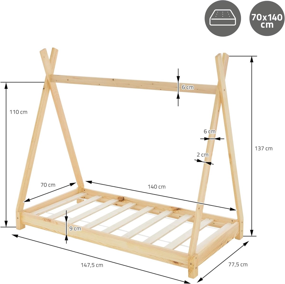 Tipi Kinderbed 70x140 cm – Casa Velluto PureTeepee™ Naturel – Massief Grenenhout – Inclusief Lattenbodem – Houten Huisbed & Speelbed voor Jongens en Meisjes 2-6 Jaar