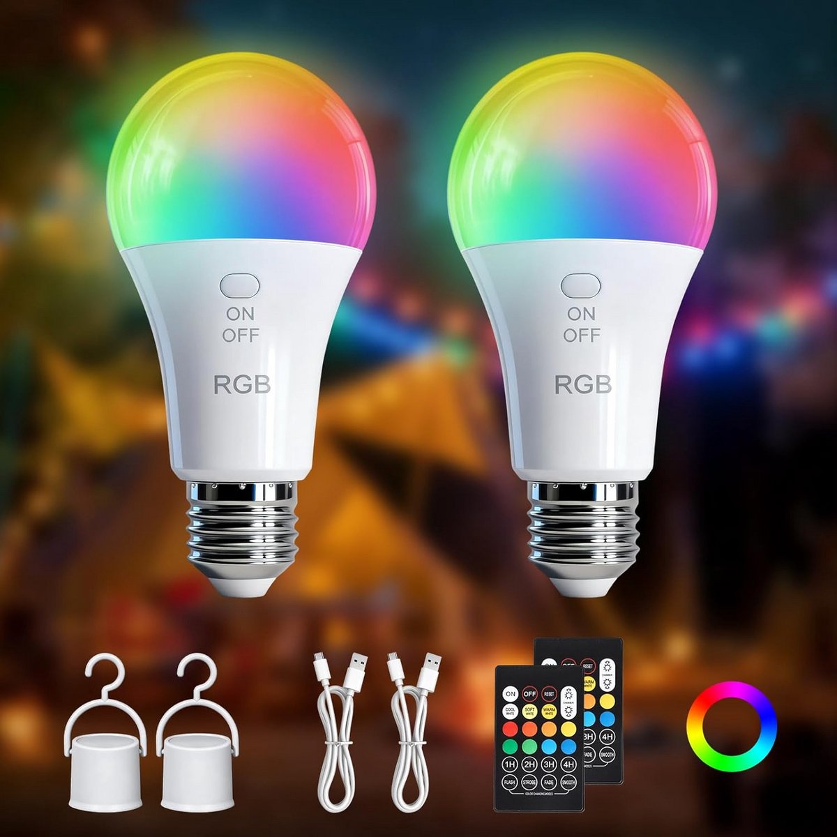Oplaadbare LED RGB Lamp met Afstandsbediening, 7W Dimbaar Kleurwisselend voor Buiten en Camping, Set van 2