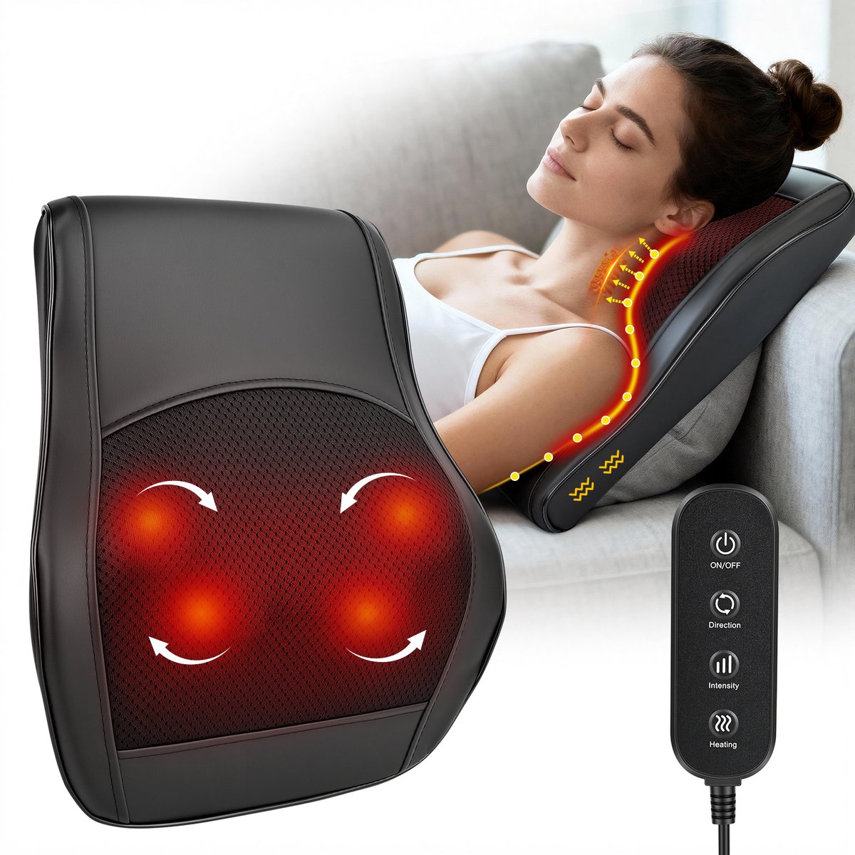 Dreamhigh® Massageapparaat voor rug en nek, nekmassageapparaat met warmte en vibratie, met 3 verwarmingsniveaus en 3 intensiteiten, 3D kneedmassagekussen, voor kantoor, thuis en auto, cadeaus voor mama, papa, vrouwen