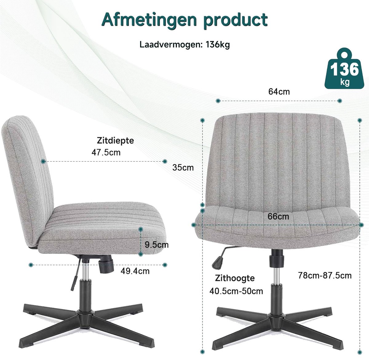 Hengjian Bureaustoel Draaistoel Grijs Hoogte Verstelbaar 360° Draaibaar - afbeelding 2