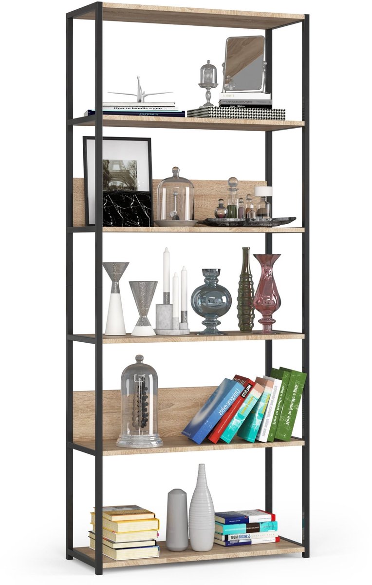 Akord Open Boekenkast, Ladderkast, Industriële Stijl / Metalen Vakkenkast met 6 Planken / Opbergplank / Boekenrek Opslagrek / Zwart - Sonoma Eik / 80 x 192 x 32 cm