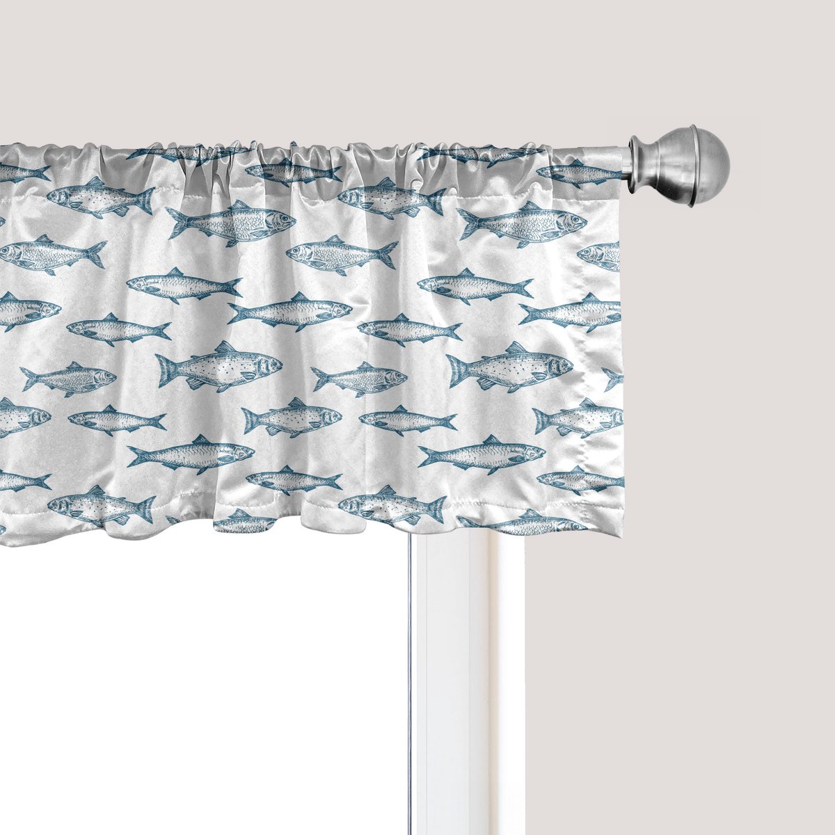 ABAKUHAUS Raamvalletje met vismotief, gordijnvalletje voor keuken en slaapkamer met tunnelzoom, 137 cm x 45 cm, leisteenblauw wit