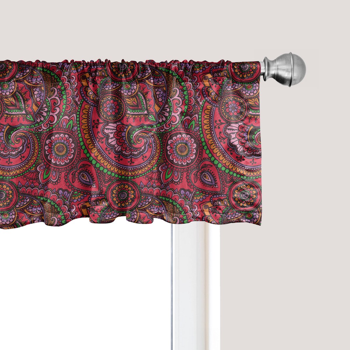 ABAKUHAUS Aziatische raamvalance, gordijnvalance voor keuken en slaapkamer met tunnelzoom, 137 cm x 45 cm, donker koraal oranje groen