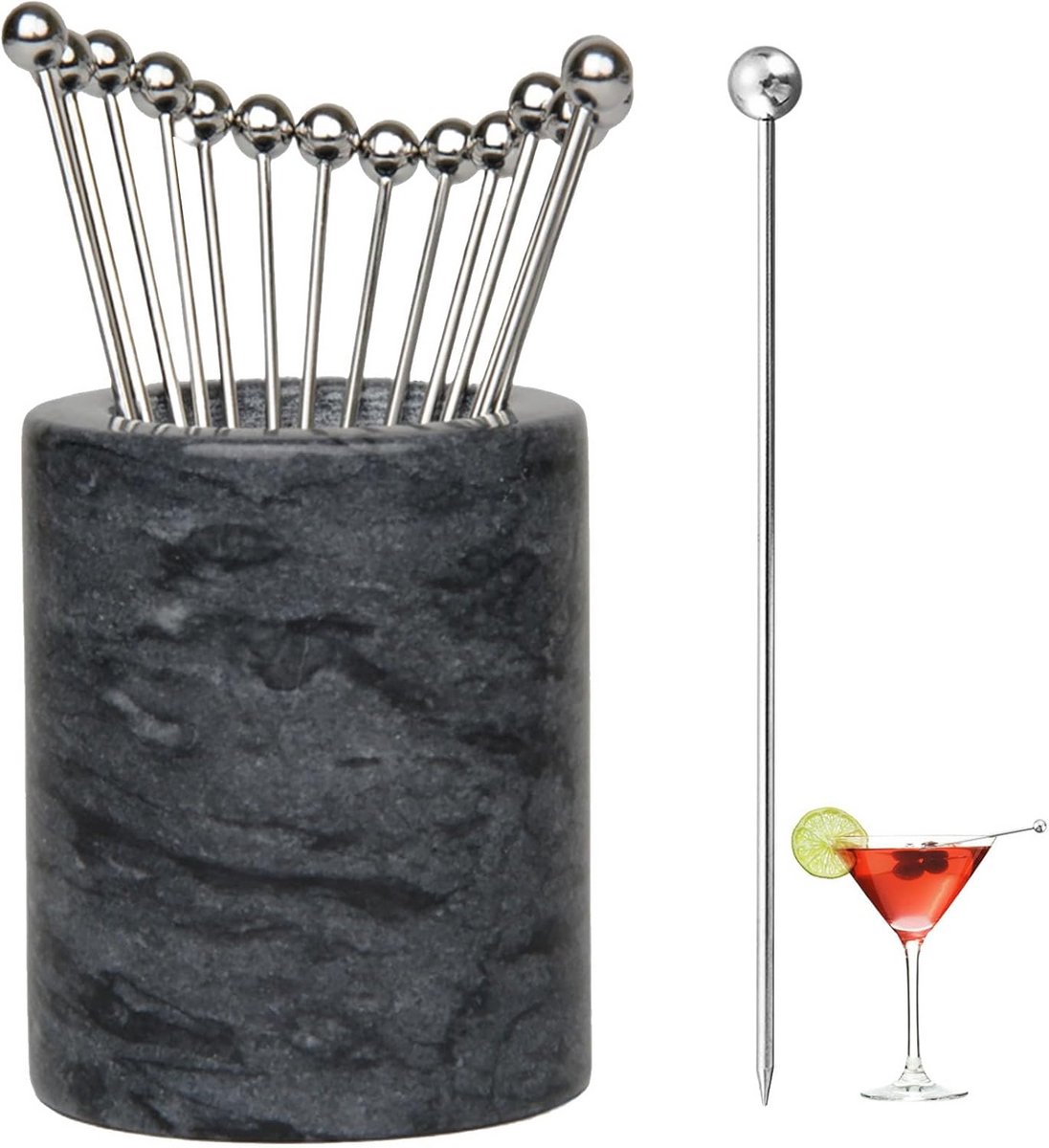 Set van 15 Roestvrijstalen Cocktailprikkers met Stijlvolle Marmeren Houder