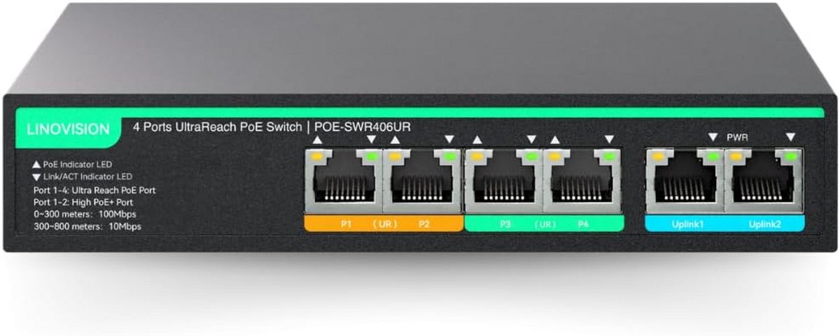 PoE Switch met 4 Poorten en 800m Bereik voor Camera's