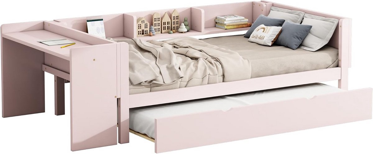 Kinderbed 90x200 met Uittrekbed, Bureau en Opbergruimte - Meisjes Slaapbank Roze