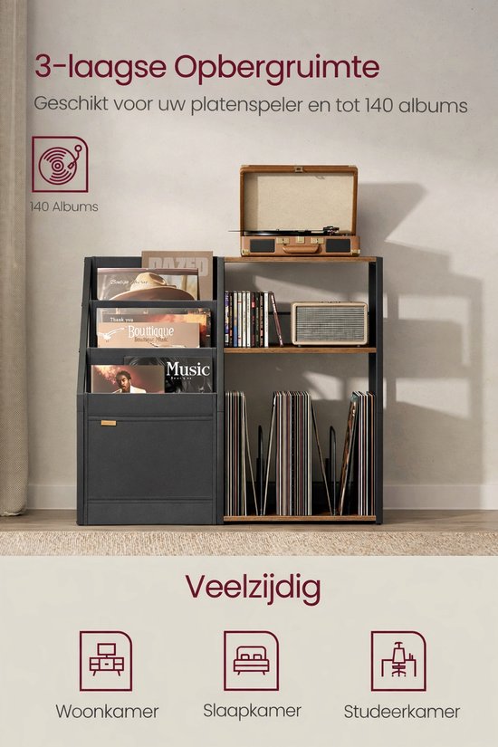 Delightness Draaitafelstandaard - Bijzettafel - Platenspelerkast - Platenspeler Meubel - Platenspeler Tafel - 3 Verdiepingen - LP Kast - Zwart - Bruin — afbeelding 5