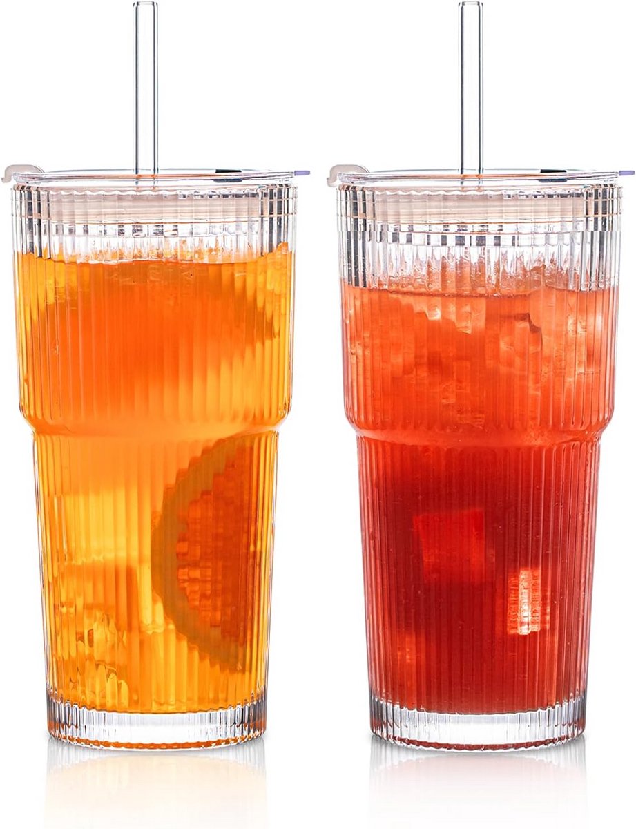 Set van 2 Geribbelde Glazen Bekers met Deksel en Glazen Rietjes 600ml