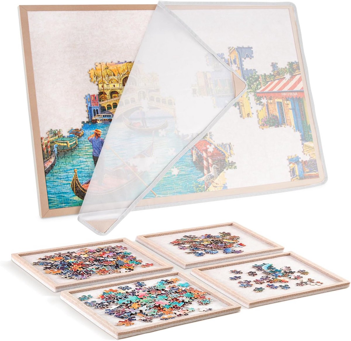 Groot puzzelbord met sorteerbakjes en beschermhoes 1000 stukjes