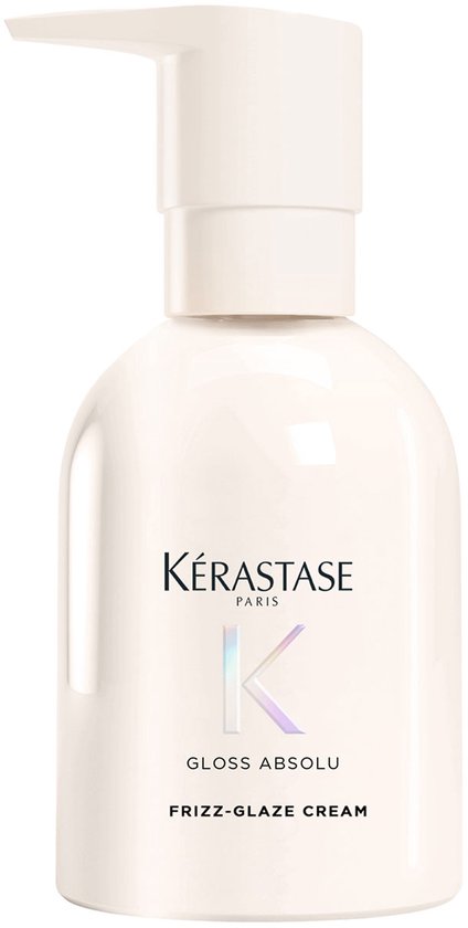 Witte Kérastase Gloss Absolu Frizz-Glaze Cream pompflacon met roze en paarse accenten.