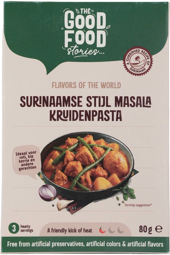 Doos Surinaamse Stijl Masala Kruidenpasta met een afbeelding van de inhoud.