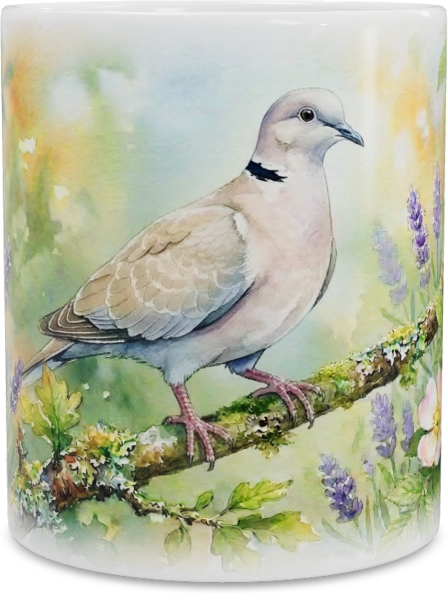 Elegante "Aquarel Series" Mok met Turkse Tortel & Lavendel - Stijlvolle Koffiemok & Theebeker voor Thuis of op het Werk & Kantoor - Perfect Uniek Cadeau met Vogels uit de Natuur voor haar: Vrouw, Vriendin of Collega - Hollandse Tuinvogels