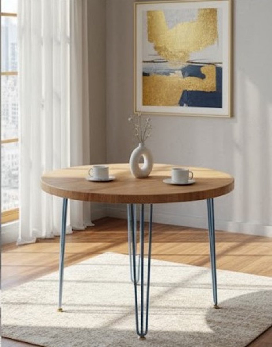 Ronde Houten eettafel Casa Serena Ø80 cm - Robuuste Houten tafel voor 2 personen - Donker Houtblad met blauwe metalen Poot - Perfect voor Keuken, Eetkamer en Bistro - Massief Hout 40 mm Dikte