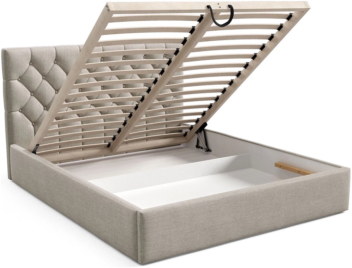 Gestoffeerd Tweepersoonsbed 180x200 cm met Opbergruimte en Lattenbodem – Luxe Velvet Opbergbed met Hoog Hoofdbord – Beige – 212 × 190 × 107 cm – Aurevia Deluxe – Abkantoor