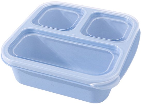 Lichtblauwe lunchbox met drie compartimenten en transparant deksel, gemaakt van strovezels.