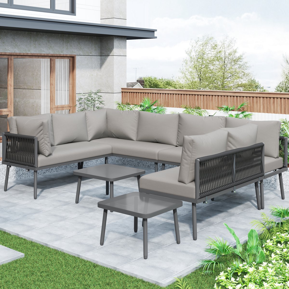 Tuinloungestoelset - U-vormige meubelset - buitenhoekbank - buitenpatio-meubilair - geschikt voor 8 personen - met tafel en kussens