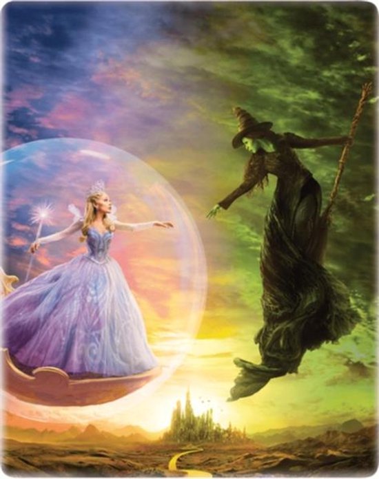 Glinda in een bubbel met toverstaf en de Wicked Witch of the West zwevend, met de Emerald City op de achtergrond. Kleurrijk en sprookjesachtig.