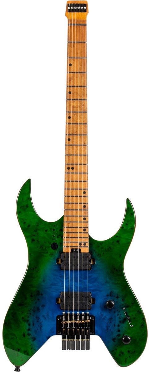 Spira S-500 Headless S-Style Elektrische Gitaar HH Villain Humbuckers Mahonie Poplar Burl Top Trans Aqua Blue