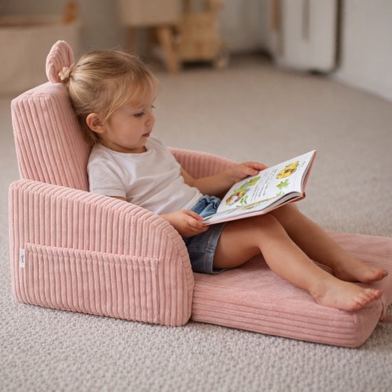 Flumi - 2 in 1 Uitschuifbare Kinderfauteuil - Schuimconstructie - Afneembare Wasbare Hoes - Corduroy Stof - Met Zijvakken - Roze van Flumi — afbeelding 4