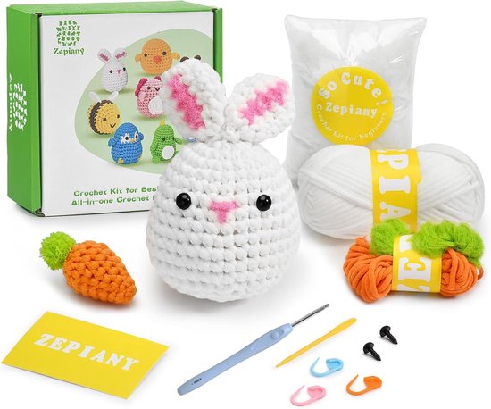 Haakpakket voor Beginners: Amigurumi Knuffel Dieren Haken - Inclusief Stap-voor-Stap Video Uitleg - Konijn met Wortel