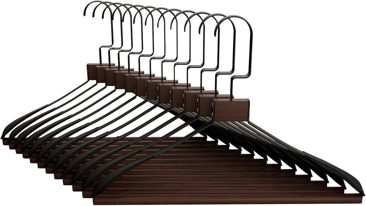 Set van 10 Duurzame Zwarte Kleerhangers Metaal en Hout met Antislip