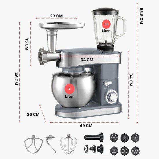 Krachtige 3-in-1 Keukenmachine met 2000W, Kneedfunctie, Pastamaker en 1.5L Mixer — afbeelding 5